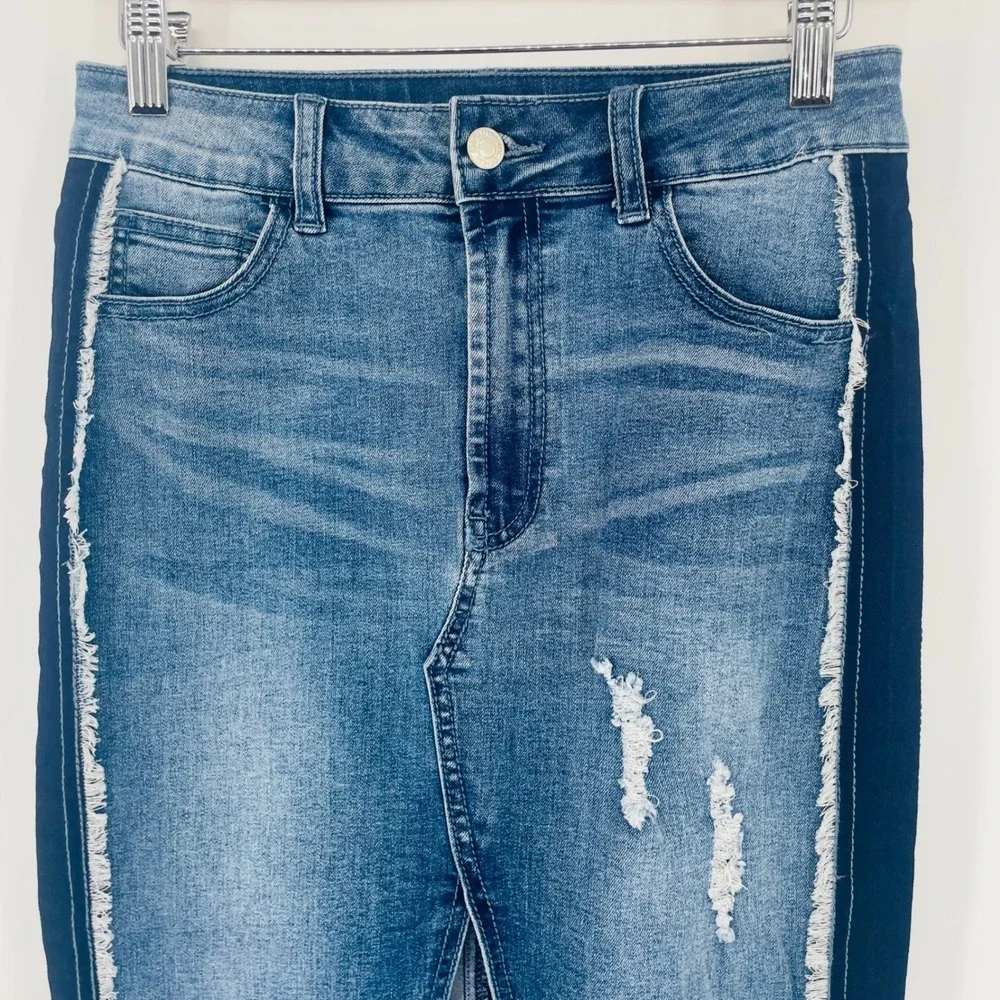 LITZ Denim Two Tone Distressed Midi Skirt Blue Frayed Side Stripe size S‎ Y2K